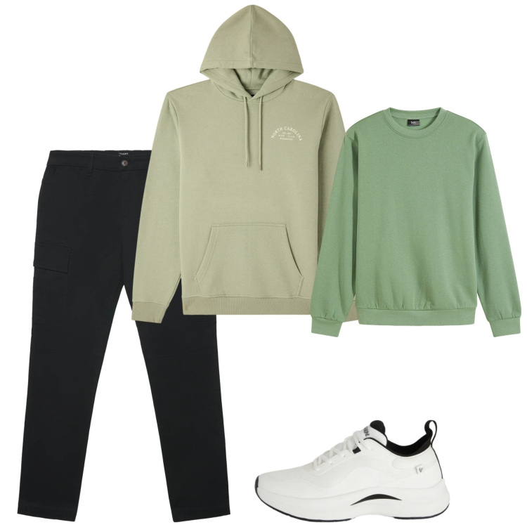 Outfit uomo - Febbraio. Stile Casual per Tutti i giorni. Abbinamento con felpe, pantaloni cargo, felpe con cappuccio, sneakers.
