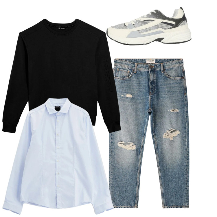 Outfit uomo - Total look #2345377. Stile Casual per Tutti i giorni. Abbinamento con camicie, sneakers, jeans strappati, felpe.