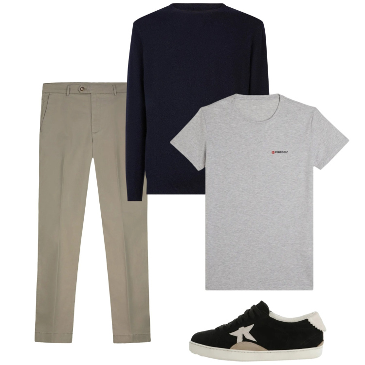 Outfit uomo - Febbraio. Stile Casual per Tutti i giorni. Abbinamento con sneakers, t-shirt sportive, maglieria, pantaloni chino.