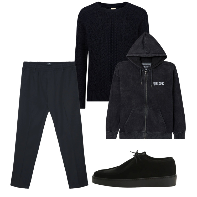 Outfit uomo - Febbraio. Stile Urban per Tutti i giorni. Abbinamento con scarpe stringate, felpe con cappuccio, pantaloni, maglieria.