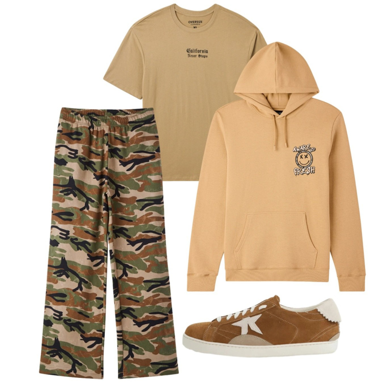 Outfit uomo - Febbraio. Stile Urban per Tutti i giorni. Abbinamento con sneakers, t-shirt, felpe con cappuccio, pantaloni.