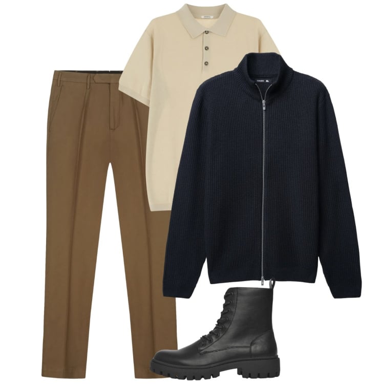Outfit uomo - Febbraio. Stile Casual per Tutti i giorni. Abbinamento con anfibi, cardigans, polo, pantaloni.