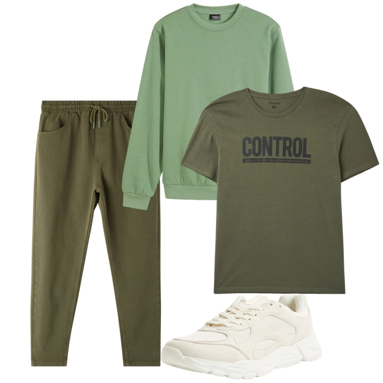 Outfit uomo - Febbraio toni del verde. Stile Casual per Tutti i giorni. Abbinamento con felpe, sneakers, t-shirt, pantaloni.