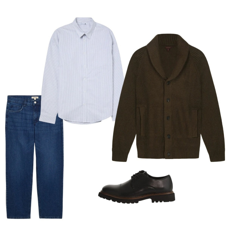 Outfit uomo - Febbraio. Stile Casual per Tutti i giorni. Abbinamento con jeans dritti, scarpe stringate, camicie, cardigans.