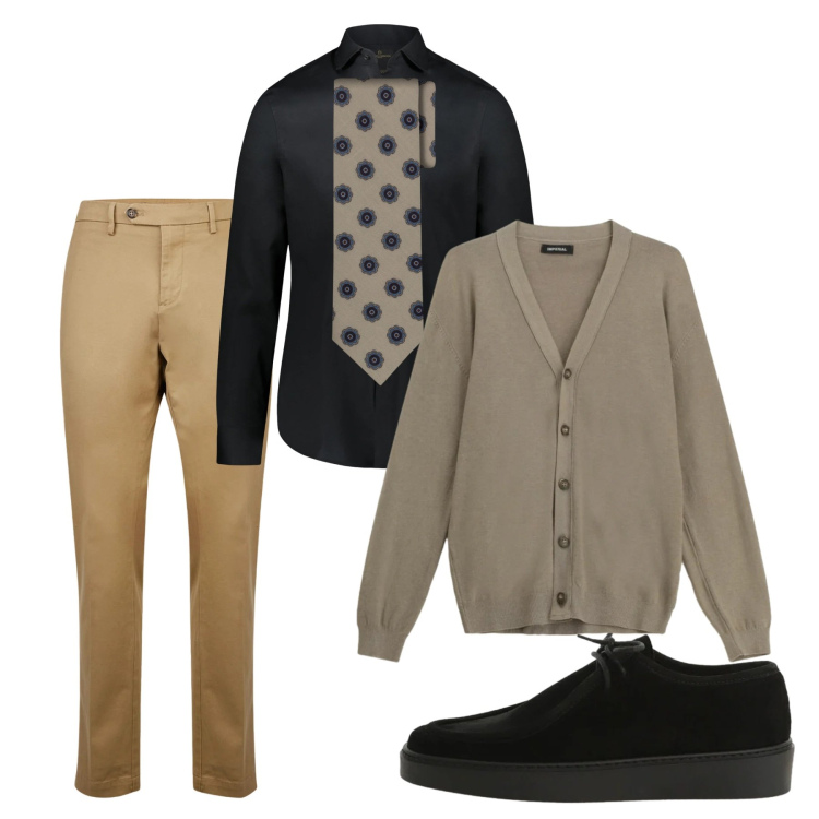 Outfit uomo - Elegante casual. Stile Casual per Tutti i giorni. Abbinamento con cardigans, scarpe stringate, camicie, pantaloni chino, cravatte.