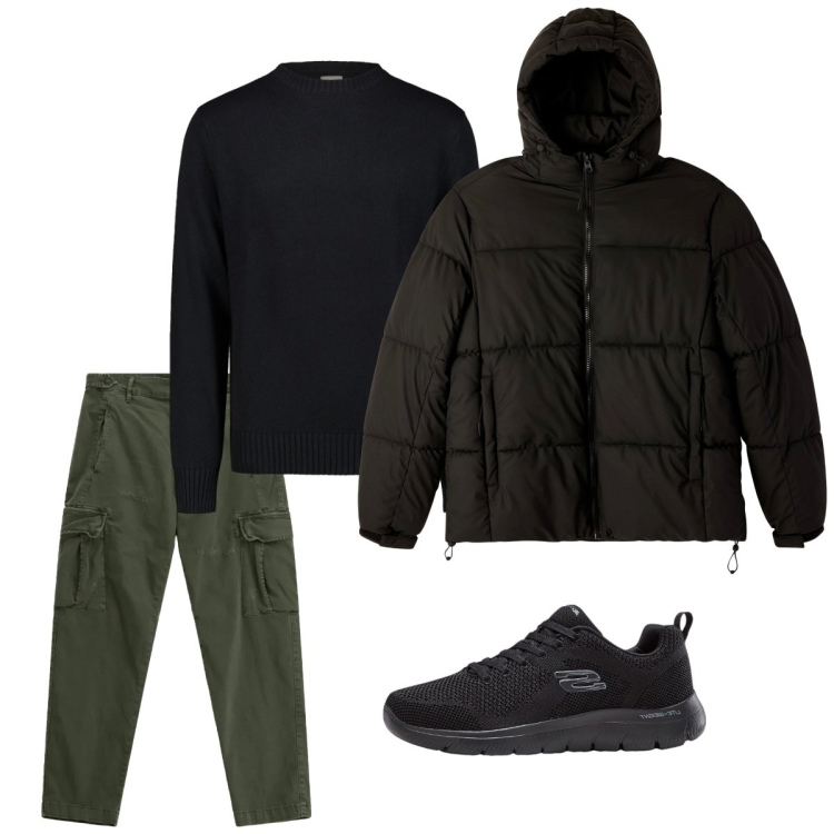 Outfit uomo - Febbraio. Stile Casual per Tutti i giorni. Abbinamento con sneakers, bomber, pantaloni cargo, maglieria.