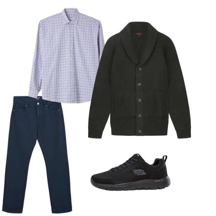 Outfit uomo - Febbraio. Stile Casual per Tutti i giorni. Abbinamento con sneakers, camicie, jeans dritti, cardigans.