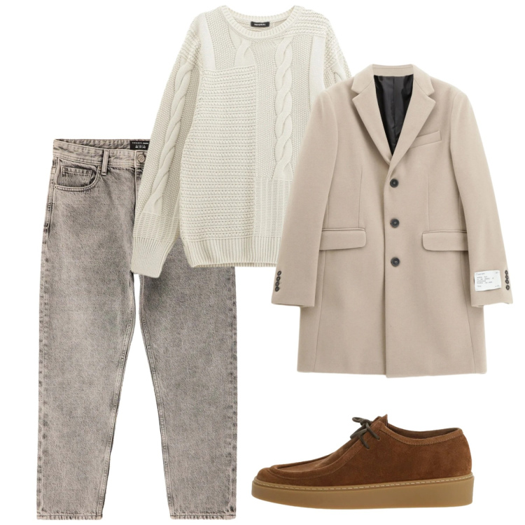 Outfit uomo - Il cappotto sabbia. Stile Casual per Tutti i giorni. Abbinamento con jeans dritti, cappotti, maglieria, scarpe stringate.