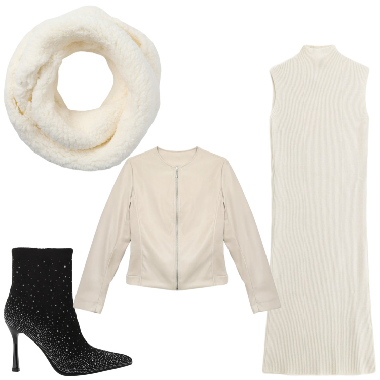 Outfit donna - Bianco e paillettes. Stile Chic per Serata fuori. Abbinamento con giacche, sciarpe, stivaletti, vestiti midi/longuette.