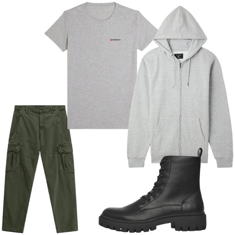 Outfit uomo - Street style. Stile Trendy per Tutti i giorni. Abbinamento con felpe con cappuccio, anfibi, pantaloni cargo, t-shirt sportive.