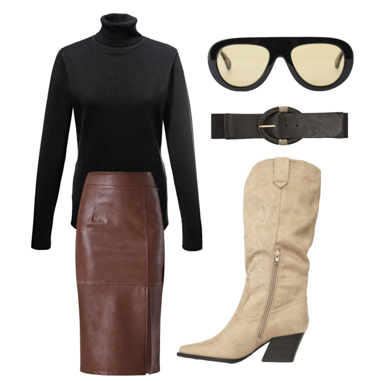 Outfit donna - Sexy febbraio. Stile Sexy per Ufficio. Abbinamento con maglieria, stivali, cinture, occhiali da sole, gonne longuette.