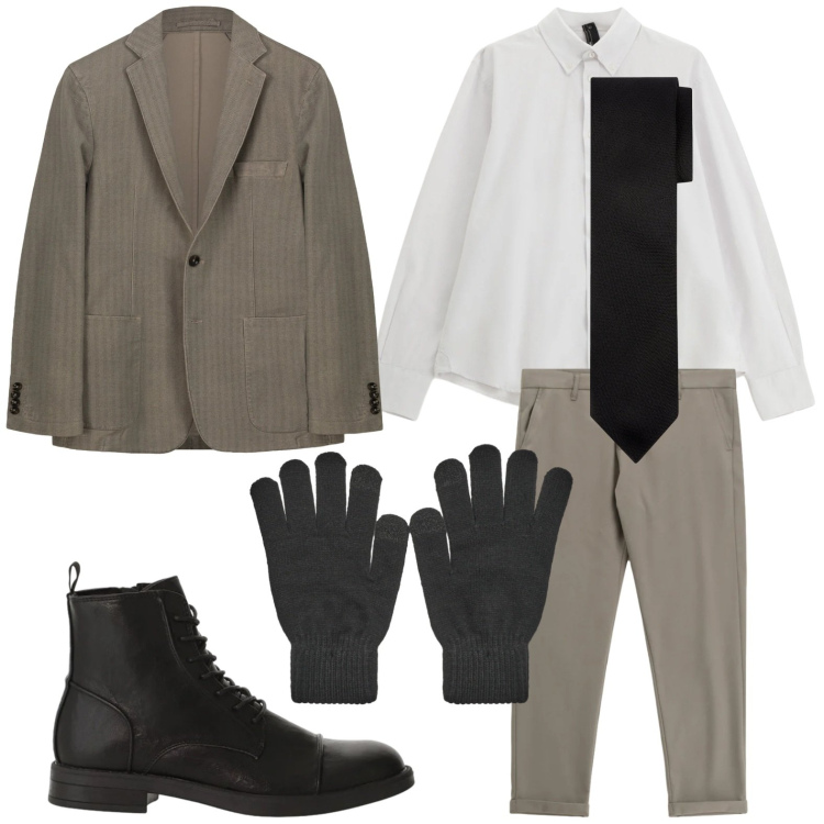 Outfit uomo - Chic. Stile Trendy per Tutti i giorni. Abbinamento con guanti, camicie, pantaloni, anfibi, cravatte, giacche.