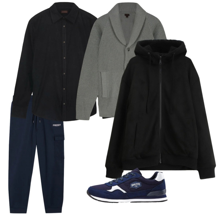 Outfit uomo - Febbraio. Stile Casual per Tutti i giorni. Abbinamento con sneakers, bomber, pantaloni cargo, camicie, cardigans.