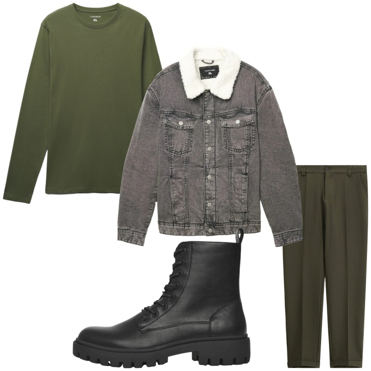 Outfit uomo - Military. Stile Casual per Tutti i giorni. Abbinamento con anfibi, cappotti, t-shirt, pantaloni chino.