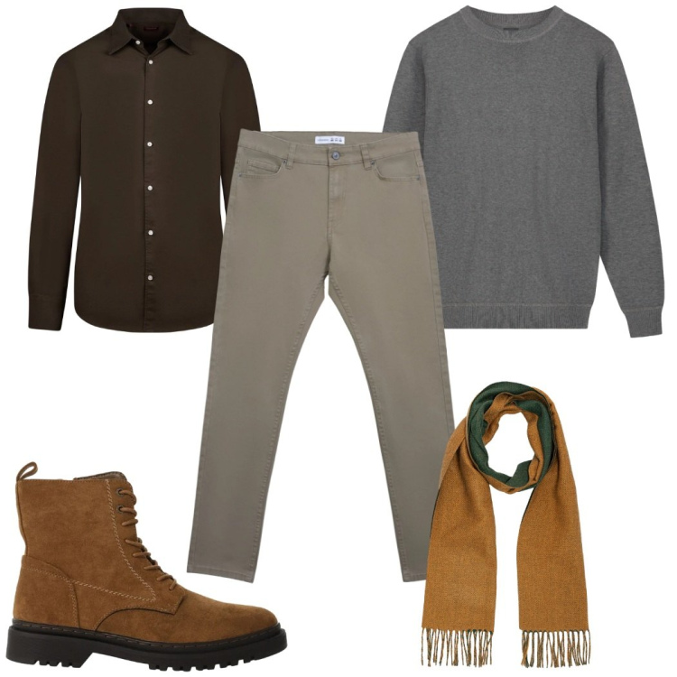 Outfit uomo - Total look #2345425. Stile Casual per Tutti i giorni. Abbinamento con pantaloni skinny, anfibi, camicie, maglieria, sciarpe.