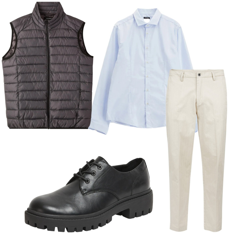 Outfit uomo - Trendy. Stile Trendy per Tutti i giorni. Abbinamento con camicie, scarpe stringate, piumini, pantaloni.
