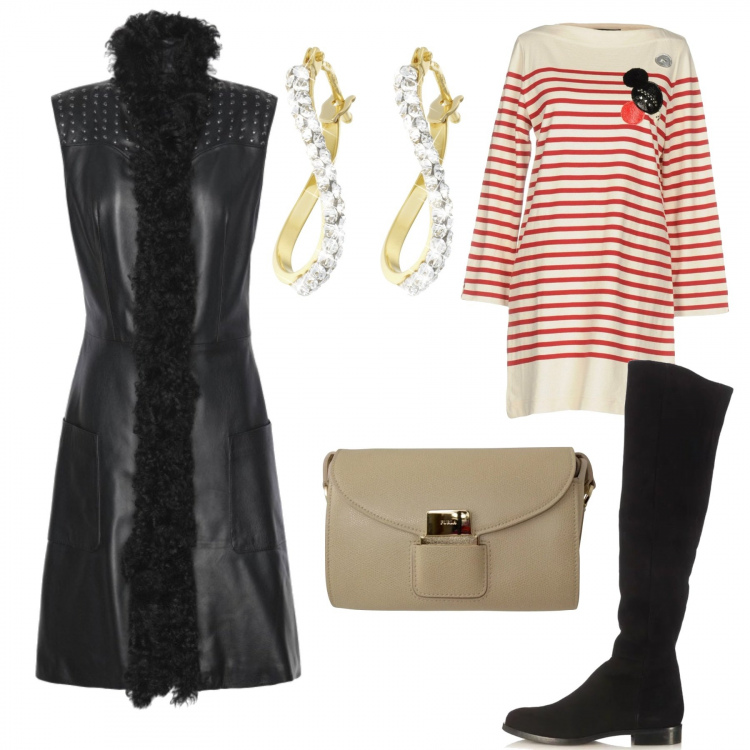 Outfit donna - Trendy #3613. Stile Trendy per Serata fuori. look ideale per Tall. Abbinamento con cappotto contrasto con borchie senza maniche interno foderato tinta unita, vestito corto senza tasche a righe collo tondo a maniche lunghe interno sfoderato jersey, stivali effetto scamosciato con zip, orecchini oro, borsa a tracolla oro.