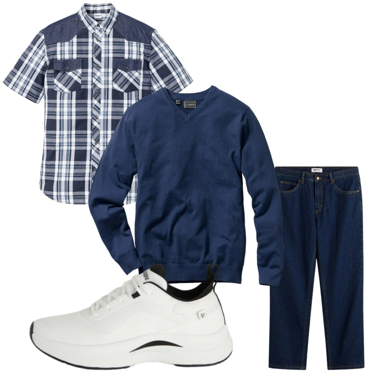 Outfit uomo - Casual. Stile Casual per Tutti i giorni. Abbinamento con maglieria, jeans dritti, camicie a manica corta, sneakers.