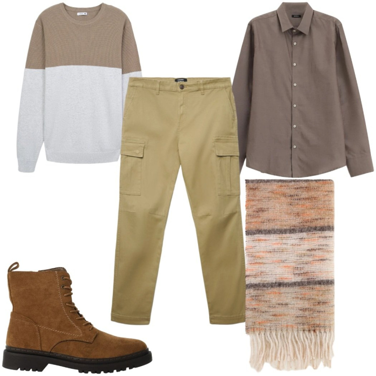 Outfit uomo - Total look #2345434. Stile Casual per Tutti i giorni. Abbinamento con maglieria, pantaloni cargo, camicie, anfibi, sciarpe.