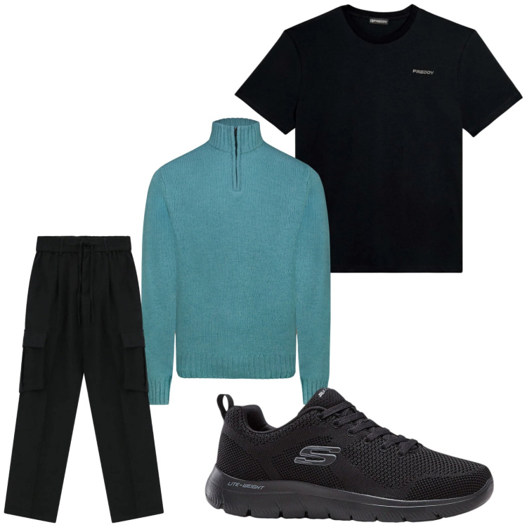 Outfit uomo - Casual. Stile Casual per Tutti i giorni. Abbinamento con sneakers, pantaloni cargo, t-shirt, maglieria.