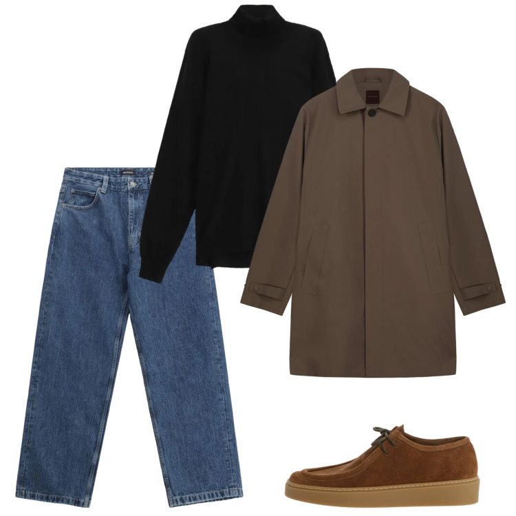 Outfit uomo - Febbraio. Stile Casual per Tutti i giorni. Abbinamento con jeans, maglieria, scarpe stringate, trench.