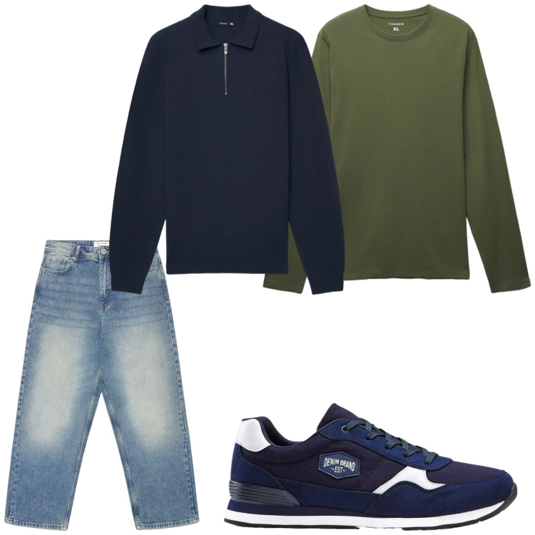 Outfit uomo - Blu e verde. Stile Casual per Tutti i giorni. Abbinamento con sneakers, jeans dritti, t-shirt, maglieria.