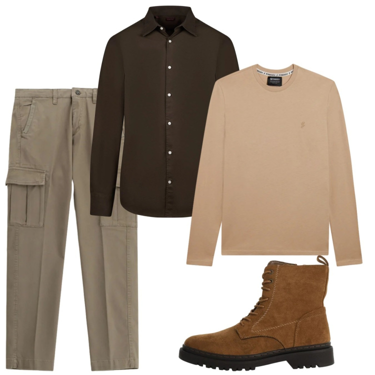 Outfit uomo - Febbraio. Stile Casual per Tutti i giorni. Abbinamento con pantaloni cargo, anfibi, t-shirt, camicie.