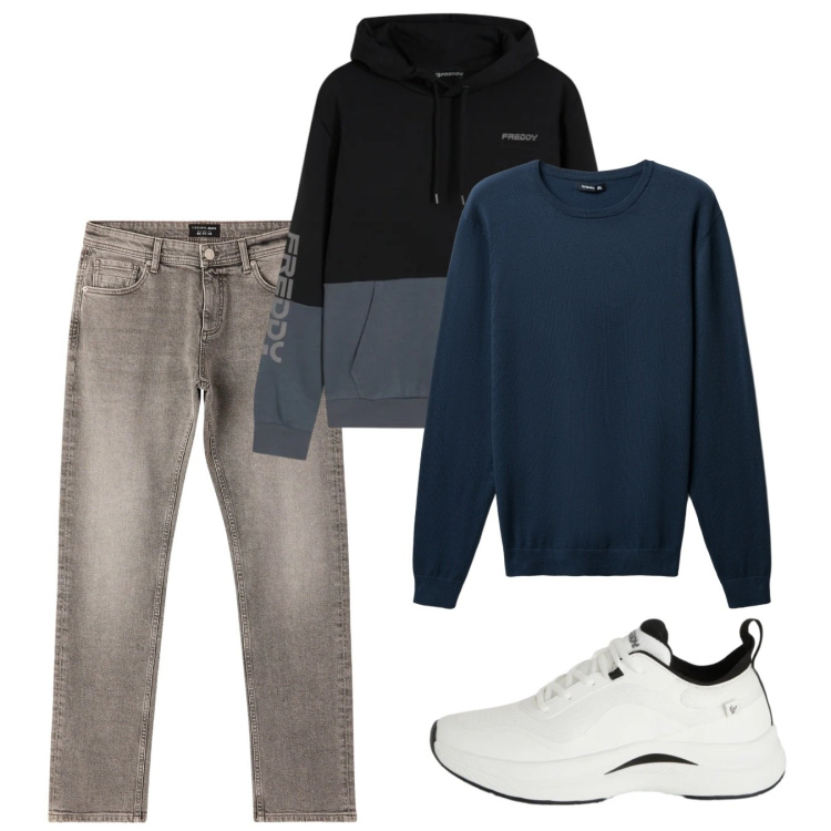 Outfit uomo - Febbraio. Stile Casual per Tutti i giorni. Abbinamento con maglieria, jeans, sneakers, felpe con cappuccio.