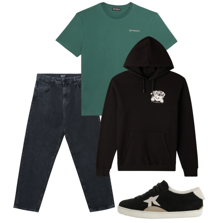 Outfit uomo - Febbraio. Stile Casual per Tutti i giorni. Abbinamento con jeans, felpe con cappuccio, sneakers, t-shirt.