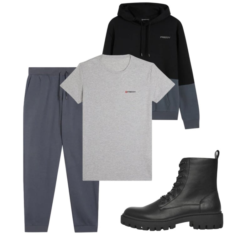 Outfit uomo - Febbraio. Stile Casual per Tutti i giorni. Abbinamento con anfibi, pantaloni cargo, felpe con cappuccio, t-shirt sportive.