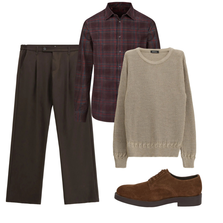 Outfit uomo - Febbraio. Stile Casual per Tutti i giorni. Abbinamento con pantaloni, maglieria, camicie, scarpe stringate.