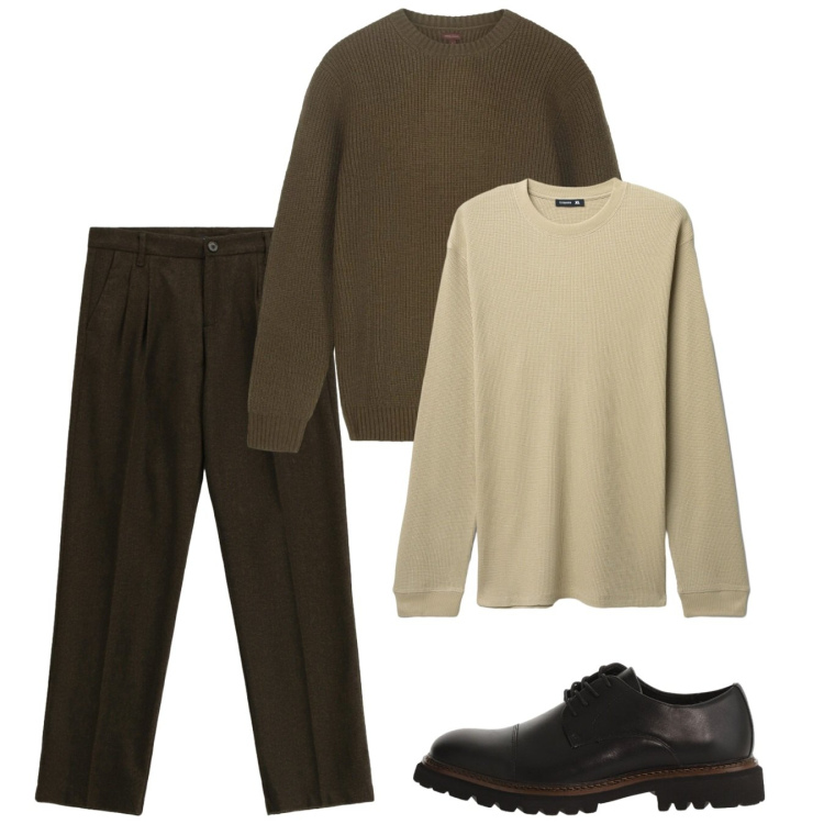 Outfit uomo - Febbraio. Stile Casual per Tutti i giorni. Abbinamento con maglieria, pantaloni, scarpe stringate, maglieria.
