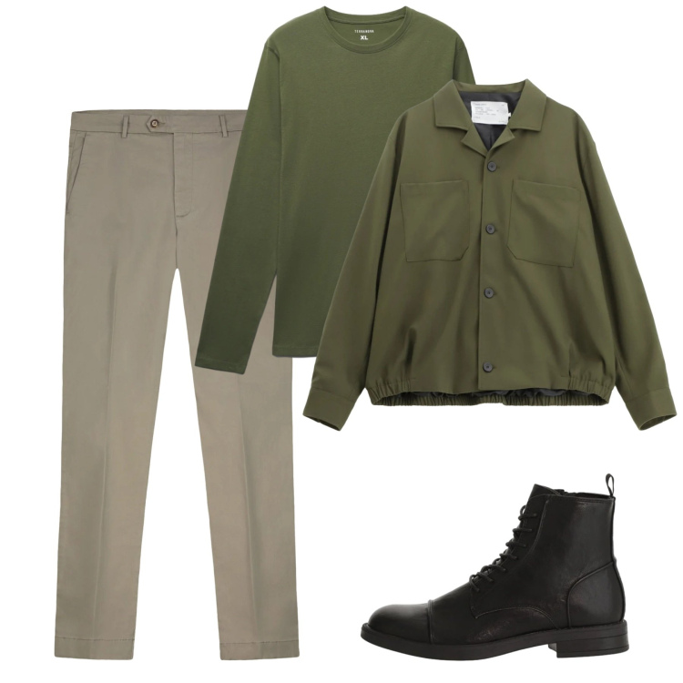 Outfit uomo - Febbraio. Stile Casual per Tutti i giorni. Abbinamento con cappotti, anfibi, t-shirt, pantaloni chino.