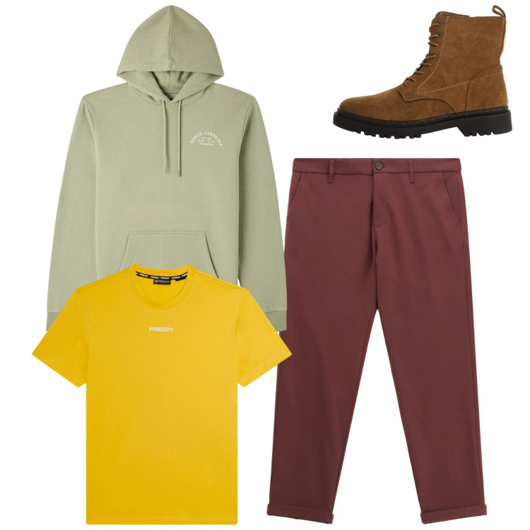 Outfit uomo - Total look #2345456. Stile Casual per Tutti i giorni. Abbinamento con pantaloni, anfibi, felpe con cappuccio, t-shirt.