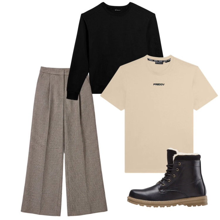 Outfit uomo - Febbraio. Stile Casual per Tutti i giorni. Abbinamento con stivali e stivaletti, pantaloni a palazzo, felpe, t-shirt.