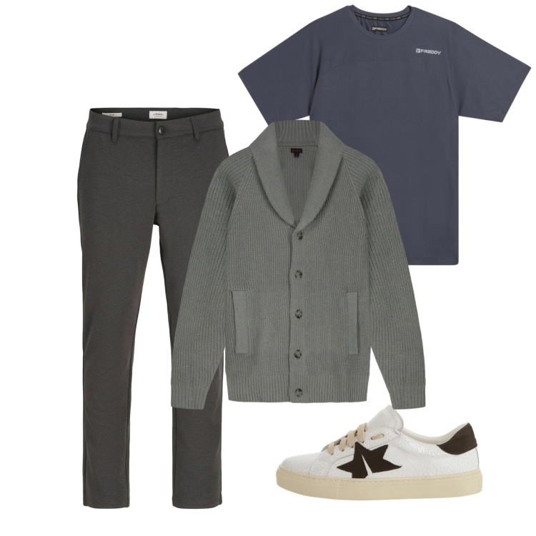 Outfit uomo - Febbraio. Stile Casual per Tutti i giorni. Abbinamento con pantaloni chino, sneakers, t-shirt sportive, cardigans.