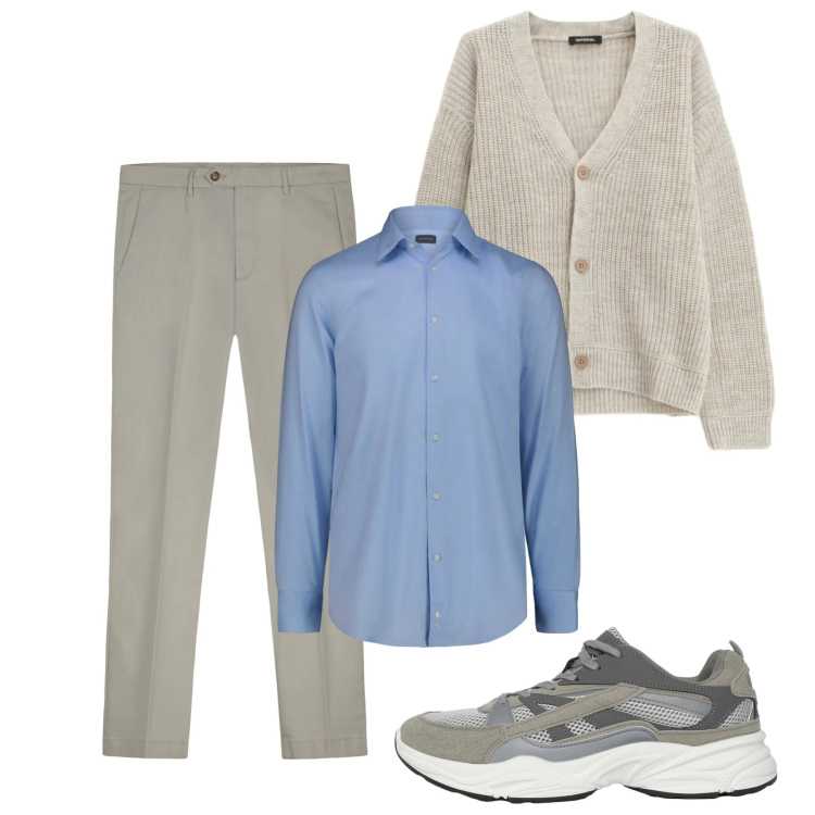 Outfit uomo - Febbraio. Stile Casual per Tutti i giorni. Abbinamento con sneakers, cardigans, camicie, pantaloni chino.