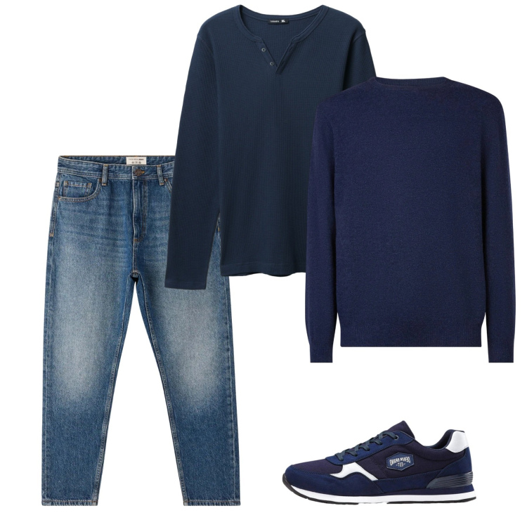Outfit uomo - Febbraio. Stile Casual per Tutti i giorni. Abbinamento con sneakers, jeans, t-shirt, maglieria.