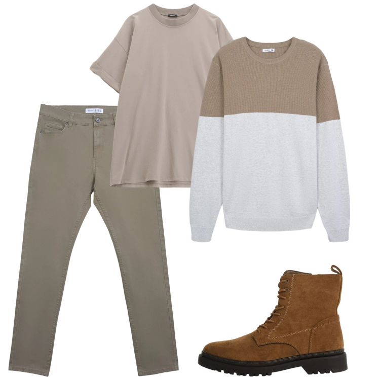 Outfit uomo - Febbraio. Stile Casual per Tutti i giorni. Abbinamento con pantaloni skinny, maglieria, t-shirt, anfibi.