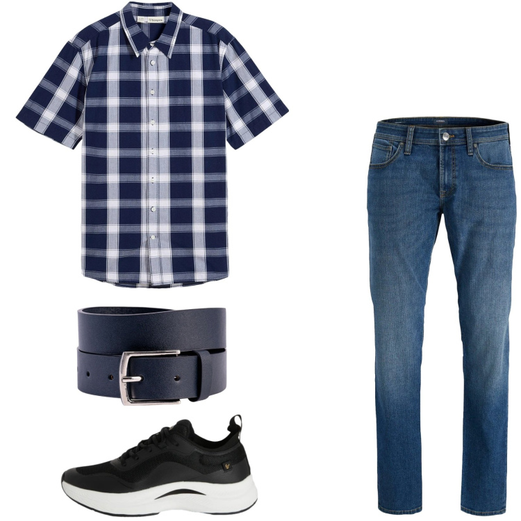Outfit uomo - Total look #2345478. Stile Trendy per Tutti i giorni. Abbinamento con camicie a manica corta, jeans, sneakers, cinture.