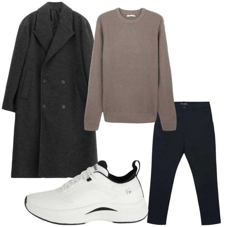 Outfit uomo - Trendy. Stile Trendy per Tutti i giorni. Abbinamento con cappotti, pantaloni chino, maglieria, sneakers.