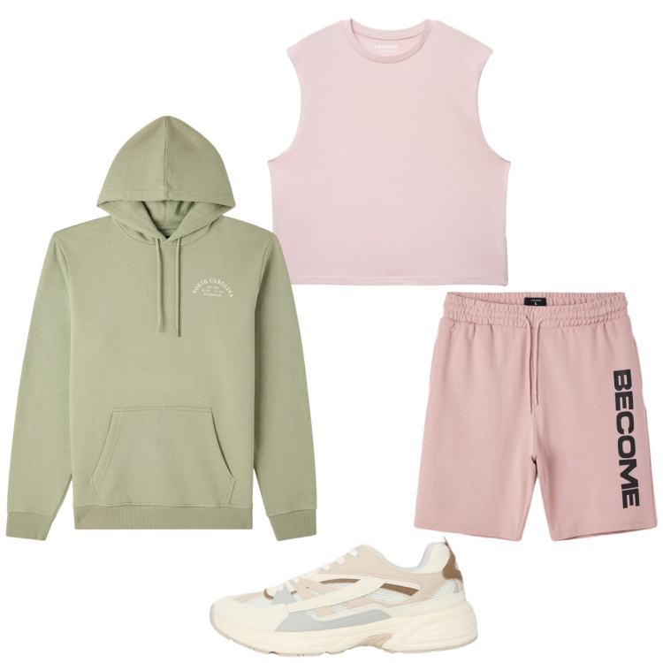 Outfit uomo - Total look #2345487. Stile Trendy per Sport. Abbinamento con sneakers, canottiere, bermuda, felpe con cappuccio.