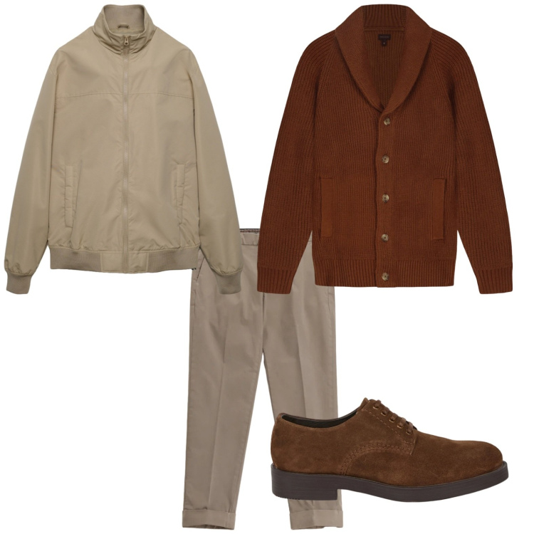 Outfit uomo - Look d\'ufficio. Stile Casual per Ufficio. Abbinamento con pantaloni chino, bomber, scarpe stringate, cardigans.