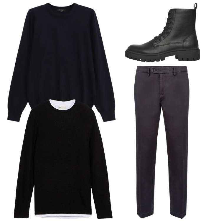 Outfit uomo - Total look #2345491. Stile Casual per Tutti i giorni. Abbinamento con maglieria, maglieria, anfibi, pantaloni chino.