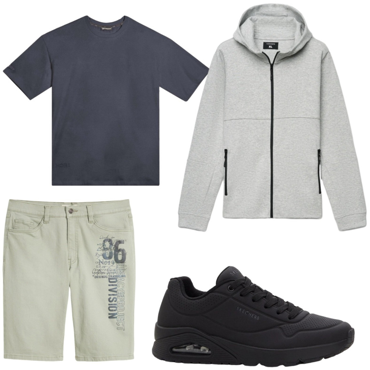 Outfit uomo - Sporty. Stile Trendy per Tutti i giorni. Abbinamento con bermuda, sneakers, felpe con cappuccio, t-shirt.