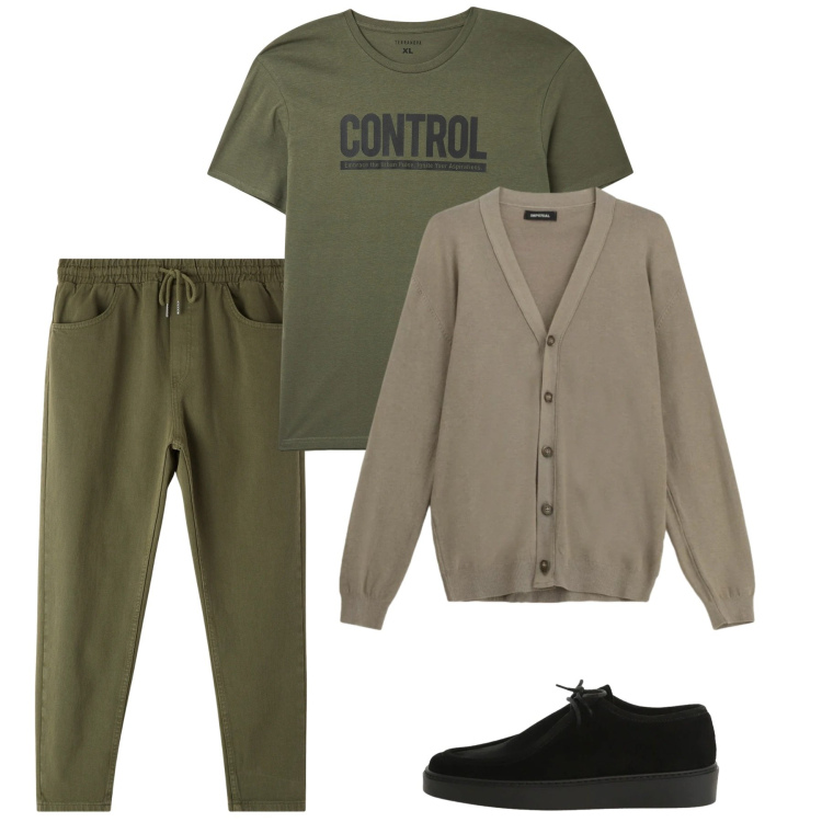 Outfit uomo - Weekend. Stile Casual per Tutti i giorni. Abbinamento con cardigans, scarpe stringate, t-shirt, pantaloni.