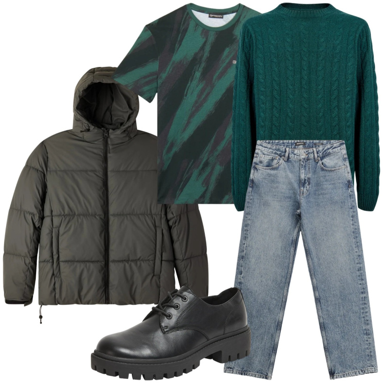 Outfit uomo - Cool. Stile Trendy per Tutti i giorni. Abbinamento con scarpe stringate, bomber, jeans dritti, t-shirt, maglieria.