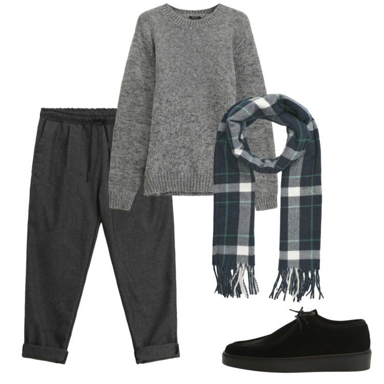Outfit uomo - Febbraio. Stile Casual per Tutti i giorni. Abbinamento con pantaloni, maglieria, scarpe stringate, sciarpe.