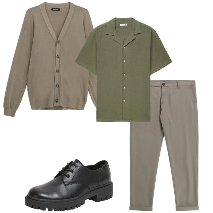 Outfit uomo - Total look #2345502. Stile Casual per Ufficio. Abbinamento con pantaloni, cardigans, scarpe stringate, camicie a manica corta.