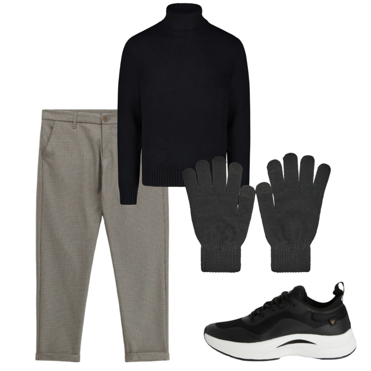 Outfit uomo - Febbraio. Stile Casual per Tutti i giorni. Abbinamento con guanti, pantaloni, sneakers, maglieria.